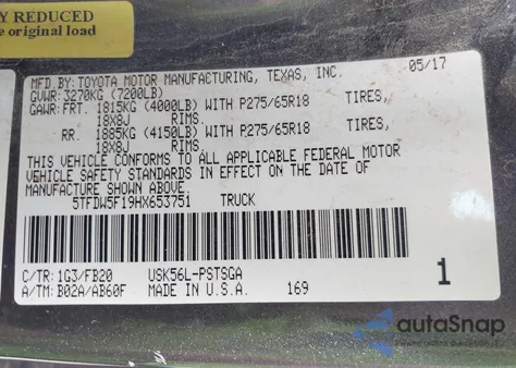2017 Toyota Tundra Sr5 5.7L V8 from USA, damaged, VIN 5TFDW5F19HX653751